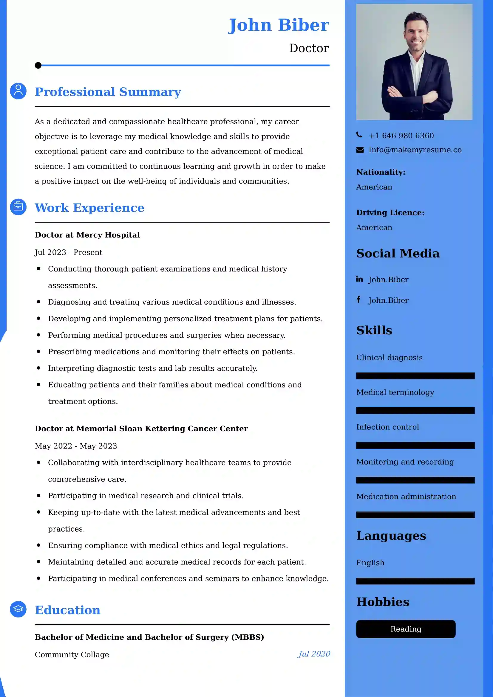 Doctor Resume Examples India