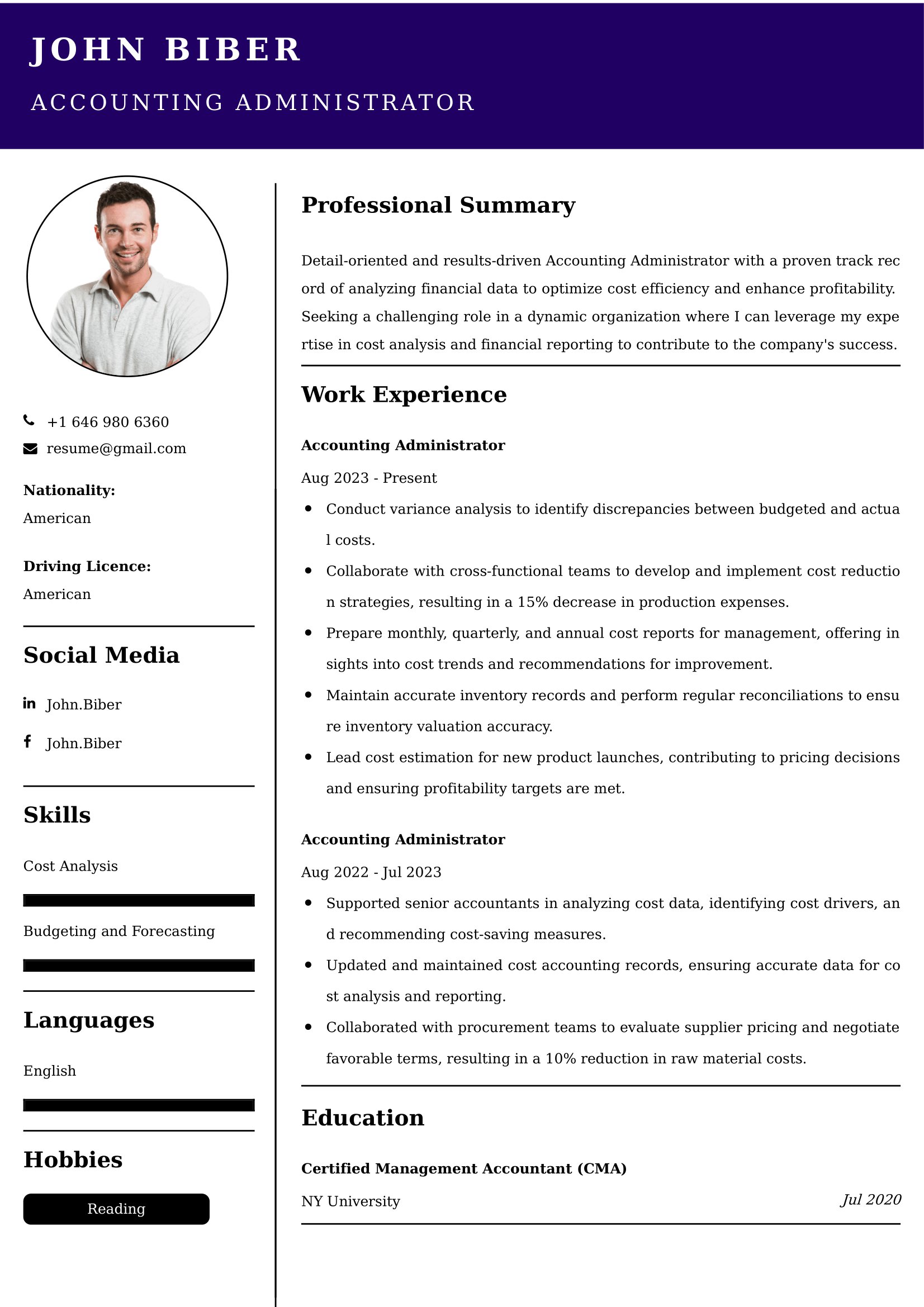 Accounting Administrator Resume Examples India